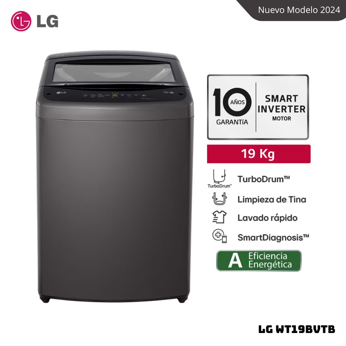 LG - LAVADORA LG TURBODRUM 19 KG CARGA SUPERIOR NEGRO CLARO - WT19BVTB