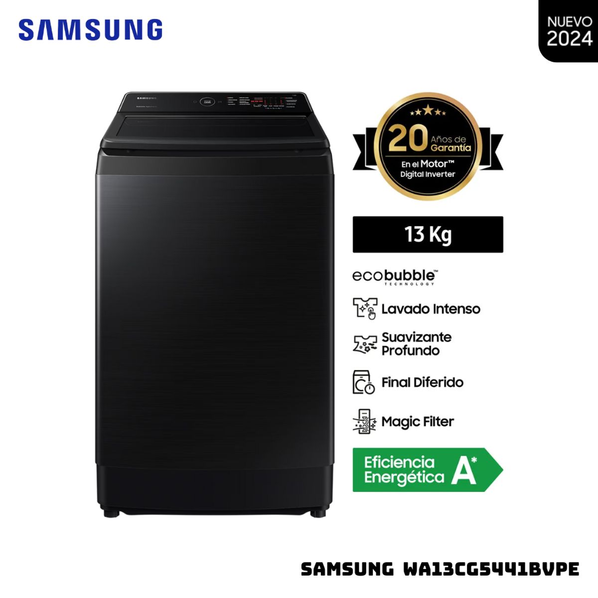 SAMSUNG - LAVADORA SAMSUNG ECOBUBBLE 13 KG CARGA SUPERIOR NEGRO - WA13CG5441BVPE