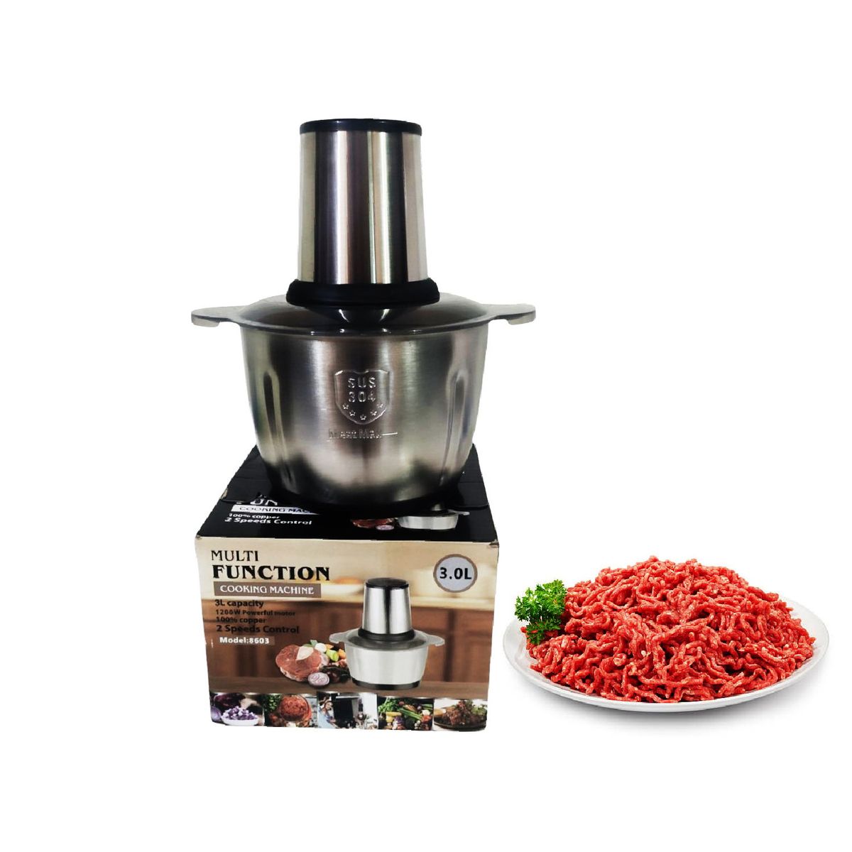 GENERICO - Picatodo Eléctrico 3 Litros para Carnes y Verduras de Acero Inoxidable