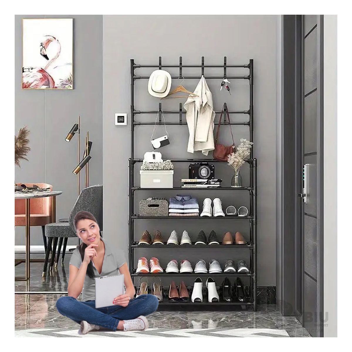 GENERICO - Zapatera con Perchero en Negro Y+Regalo Agendita