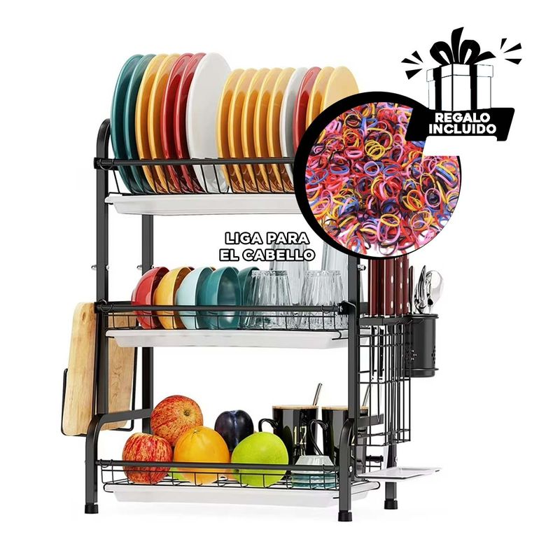 GENERICO - Escurreplatos de 3 Niveles en Negro Y+Ligas de Regalo