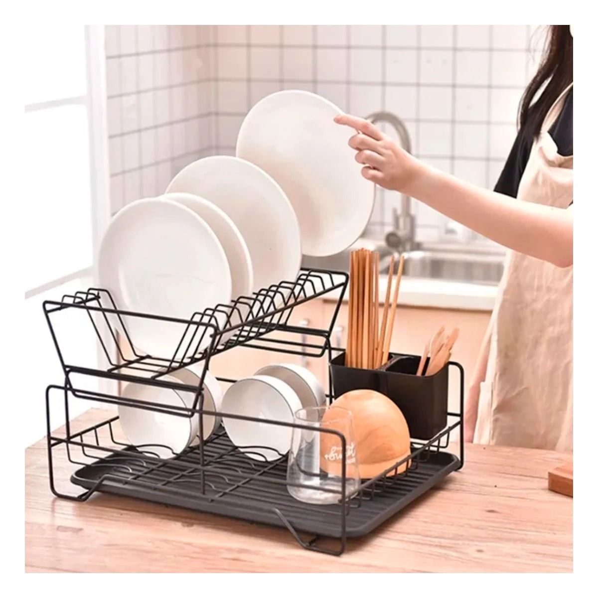 GENERICO - Escurridor de 2 Niveles con Soporte y Drenaje en Negro