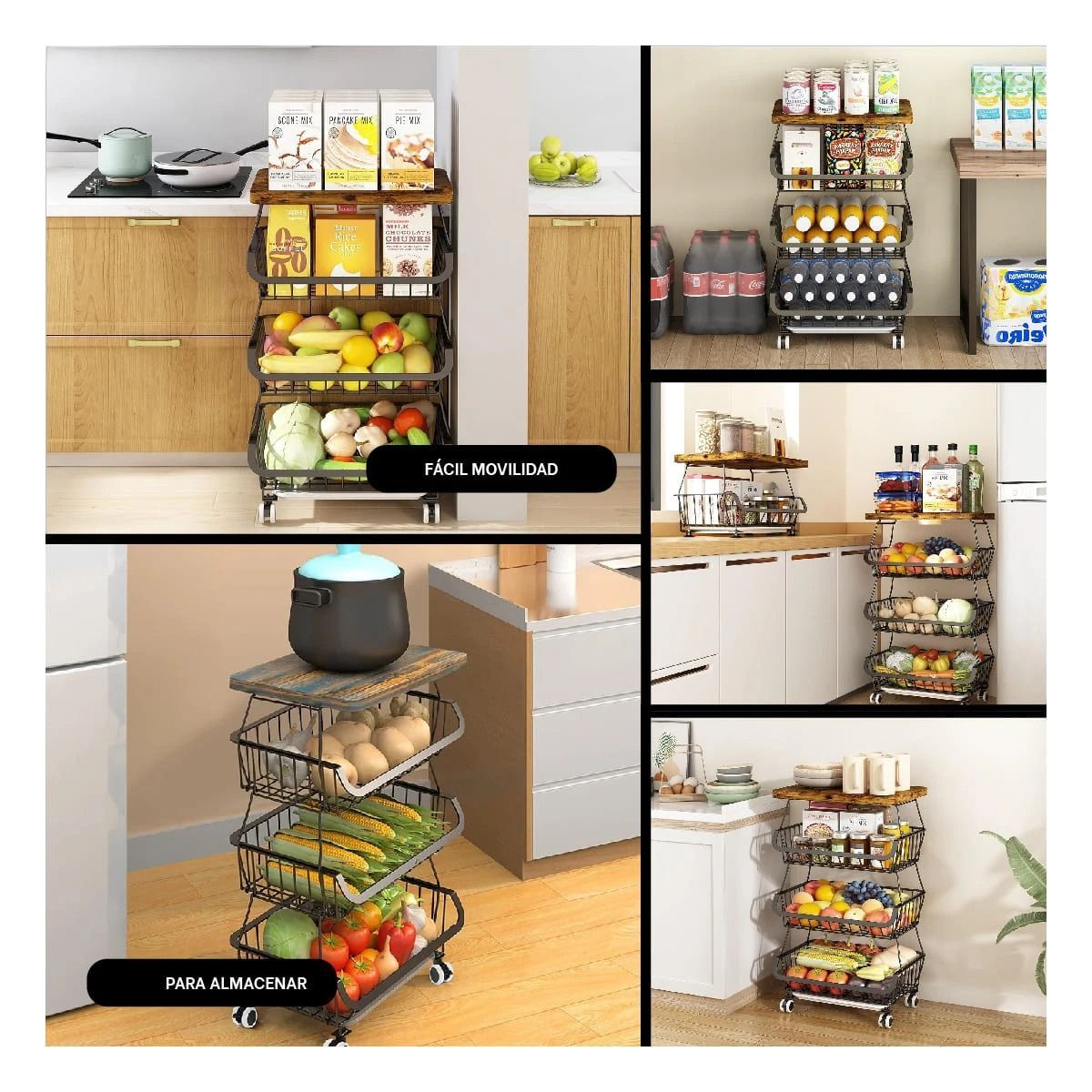 GENERICO - Cesta Estante de 4 Niveles con Ruedas de Color Negro