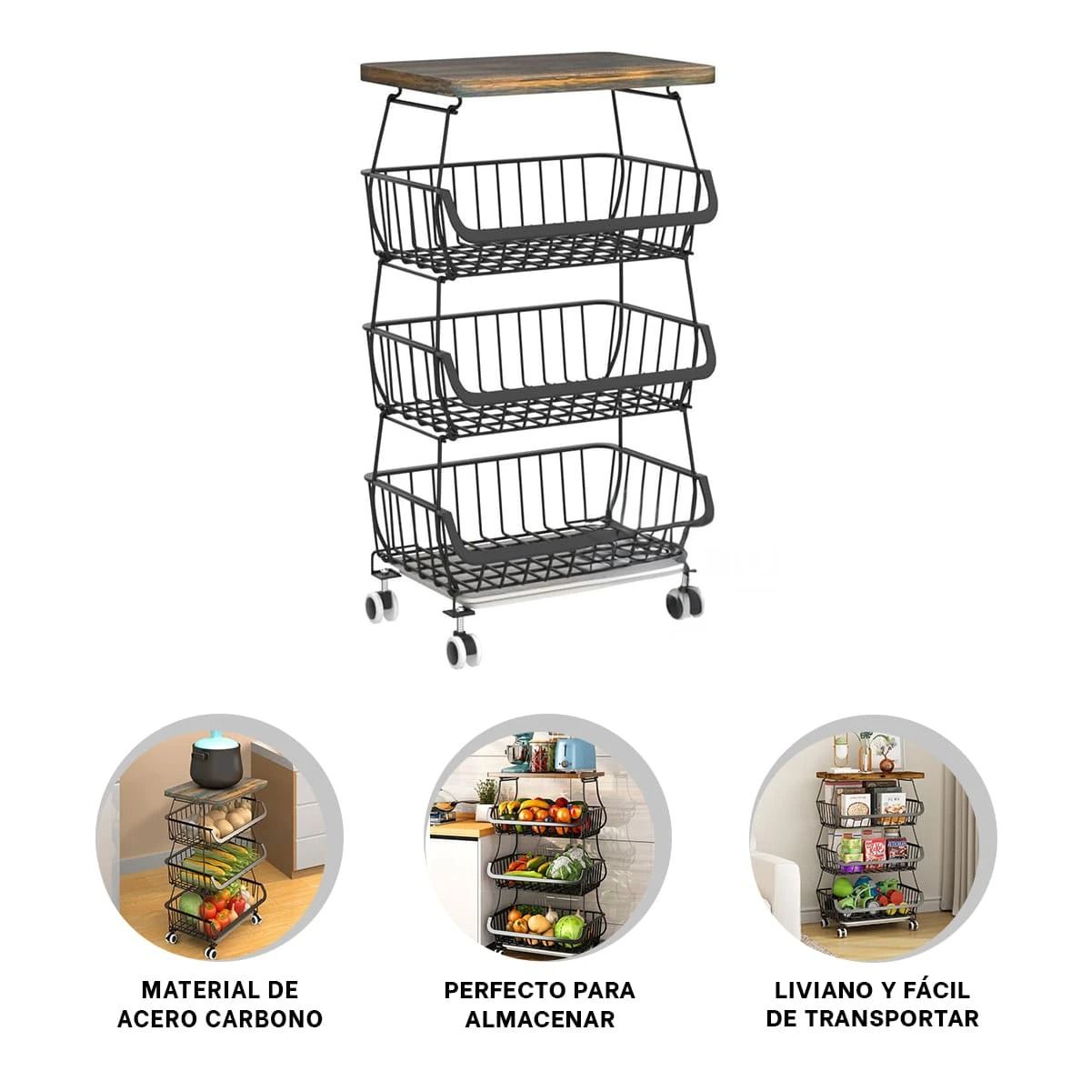 GENERICO - Cesta Estante de 4 Niveles con Ruedas de Color Negro