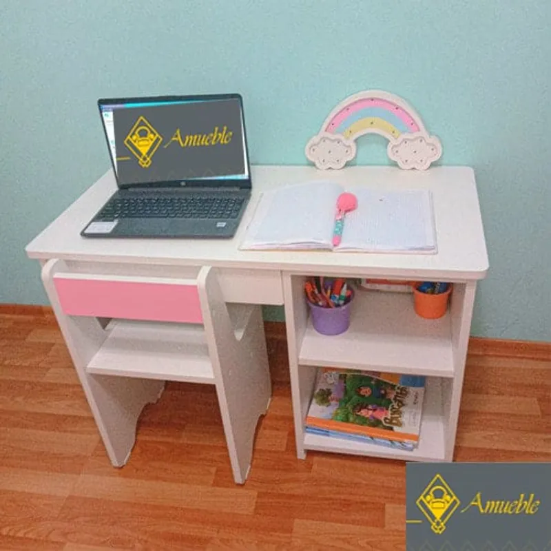 AMUEBLE - Escritorio de melamine niña Pantera BlancoRosadoTiendas Amueble