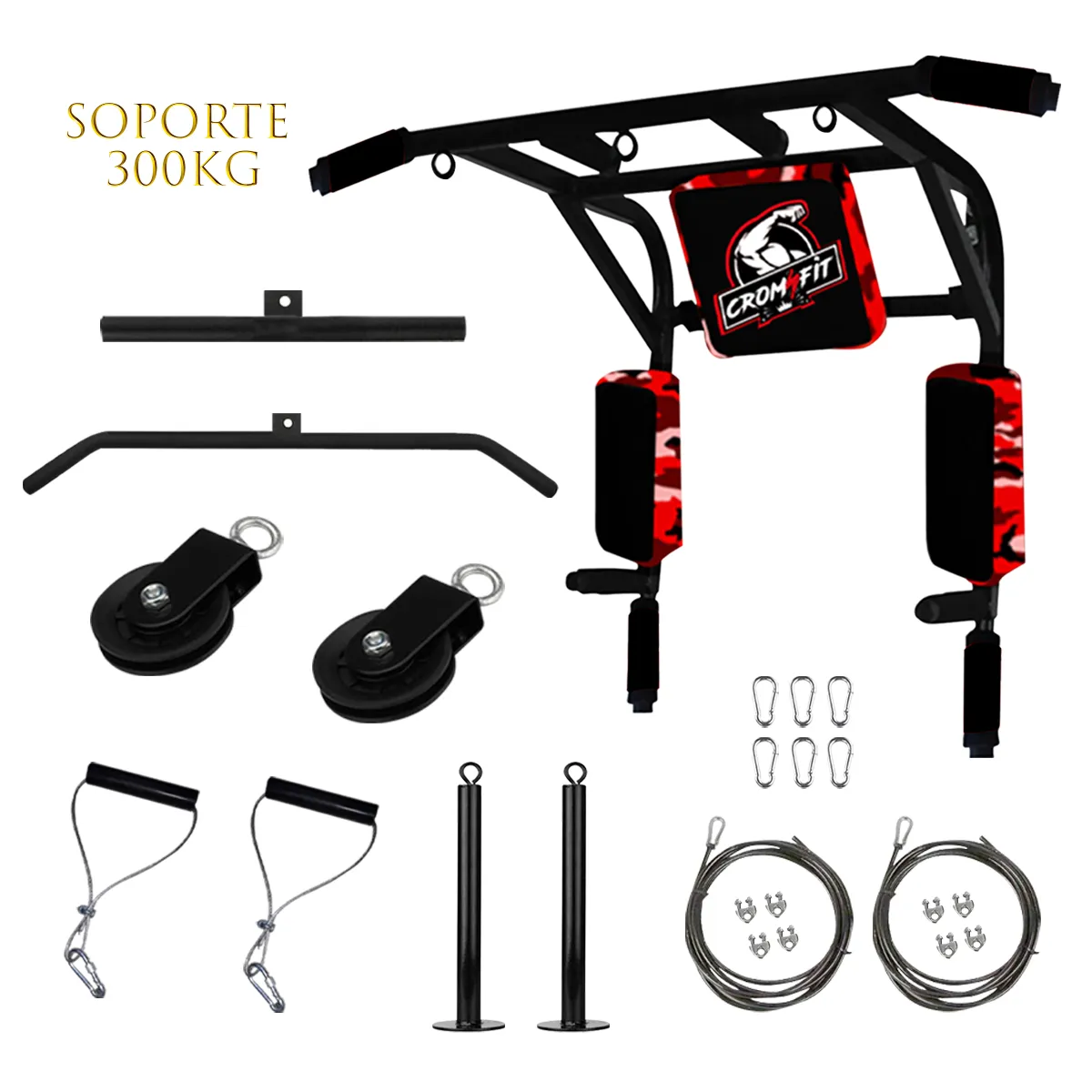 HOLGU - Barra 15 en 1 Crossfit 3 argollas + Sistema Polea Doble