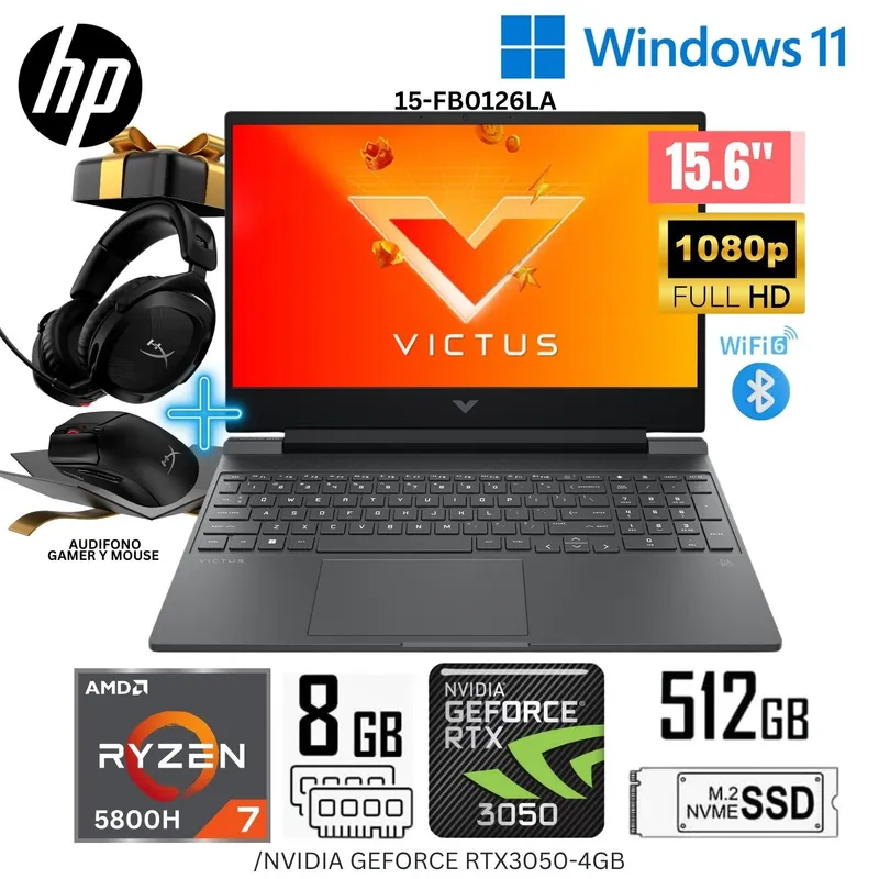 HP - Laptop HP Victus Gaming 15-FB0126LA AMD Ryzen7-5800H 15.6"  FHD 8GB RAM 512GB SSD RTX3050-4GB+Regalo