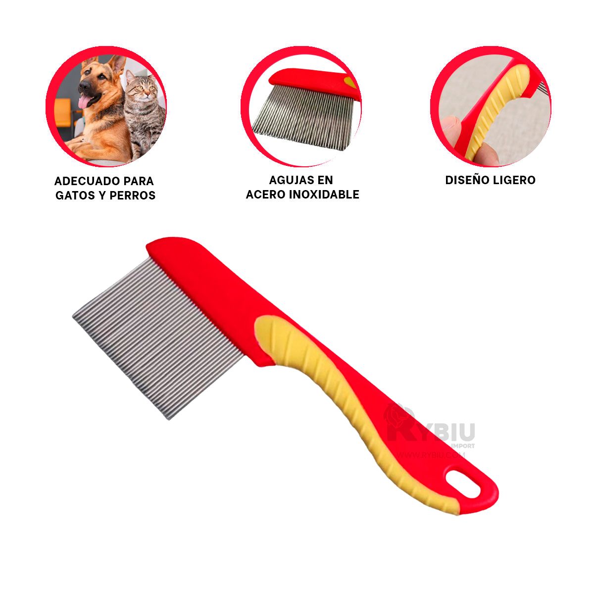 RYBIU IMPORT - Peineta de Acero Inoxidable para Perros en Rojo Y+Agendita