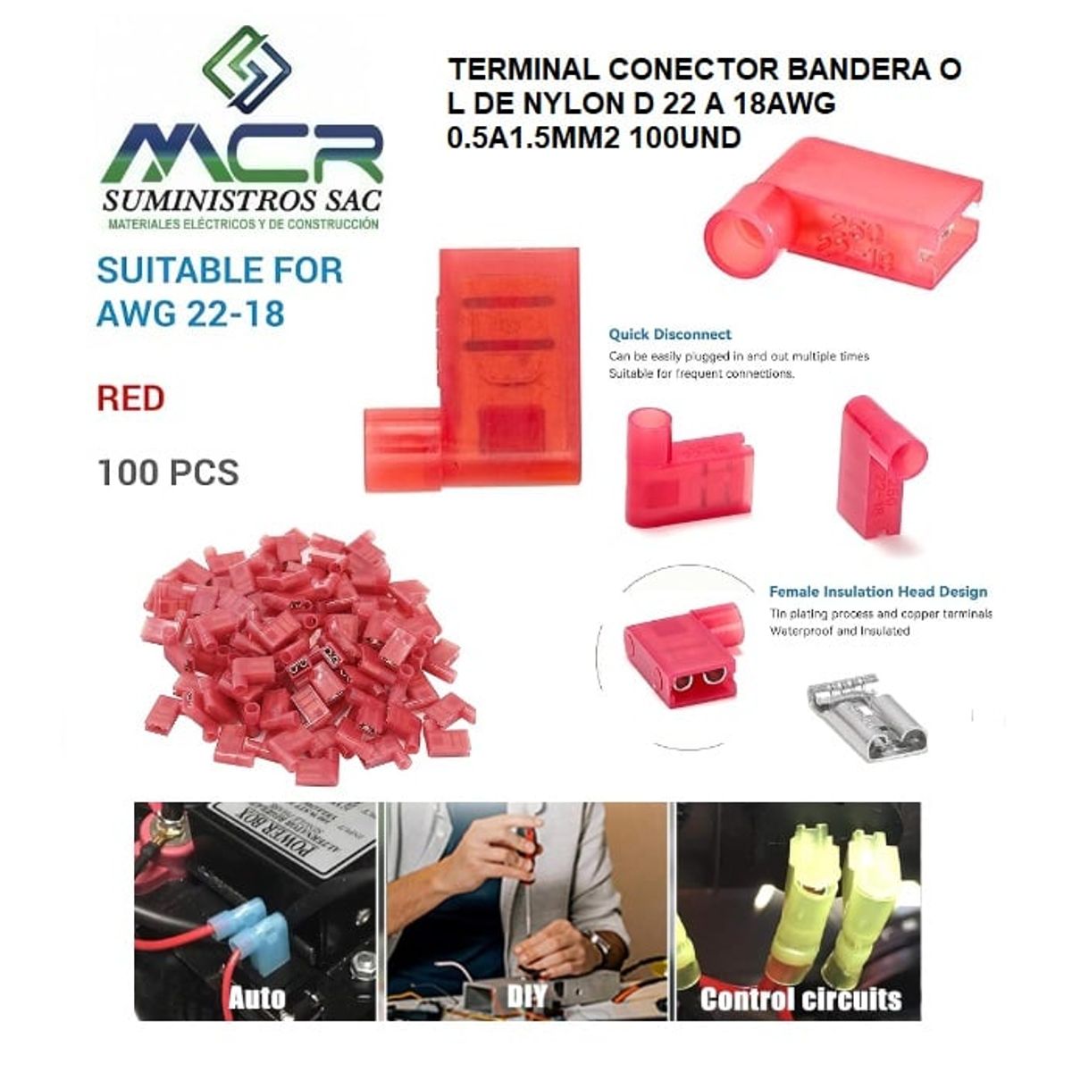 TERMINAL CONECTOR BANDERA O L ROJO DE 22 A 18AWG 0.5A1.5MM2 100UND, marca GENERICO - Foto Principal