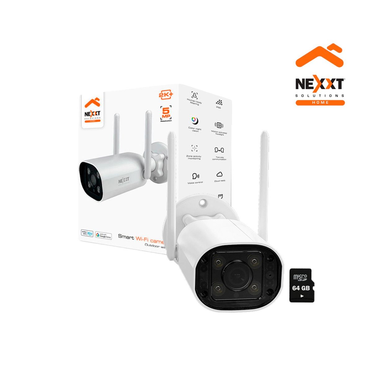 NEXXT SOLUTIONS - Cámara Wifi Nexxt NHC-OF10 5MP 2k+ Exterior Sirena Vision noche RJ45 + SD 64GB