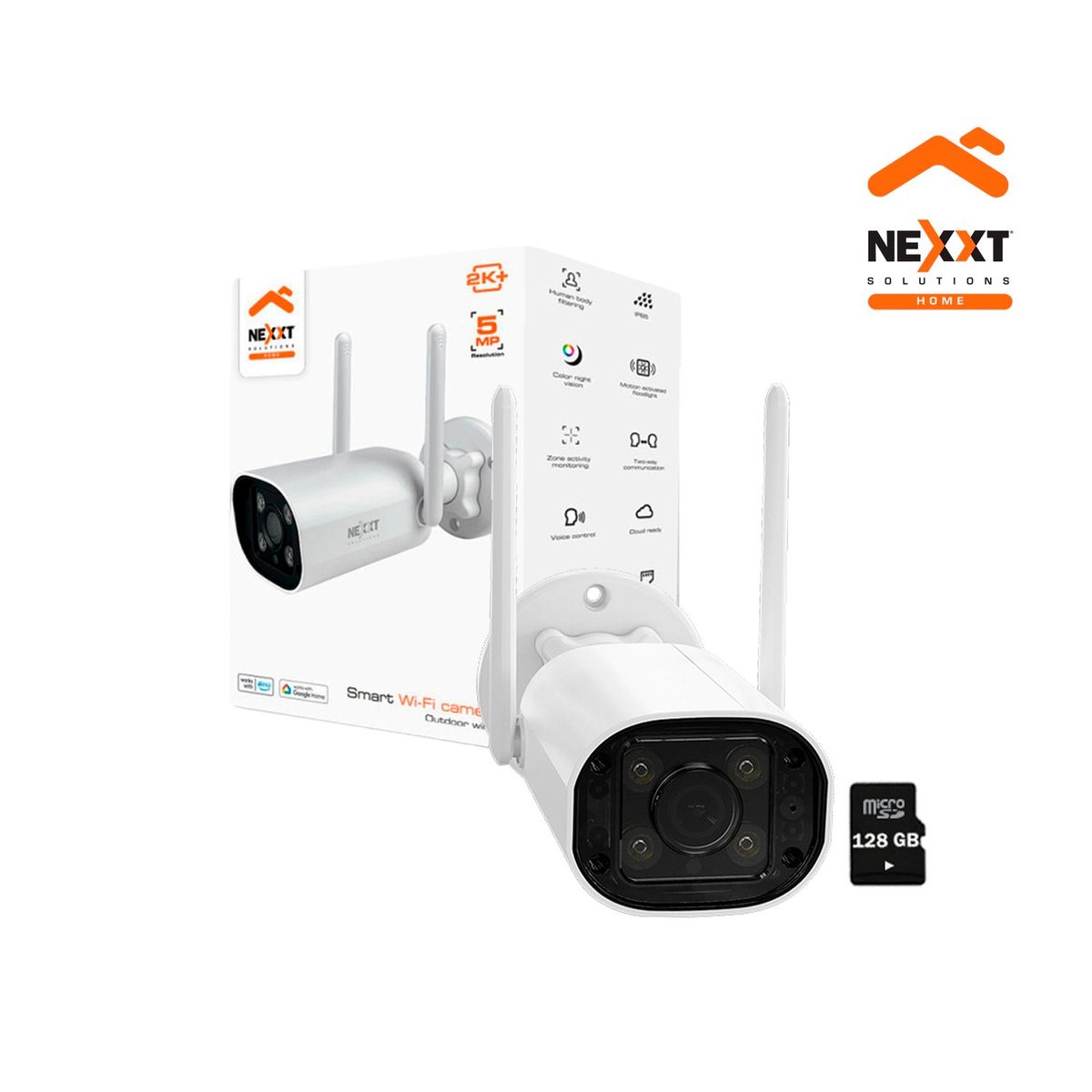 NEXXT SOLUTIONS - Cámara Wifi Nexxt NHC-OF10 5MP 2k+ Exterior Sirena Vision noche RJ45 + SD 128GB