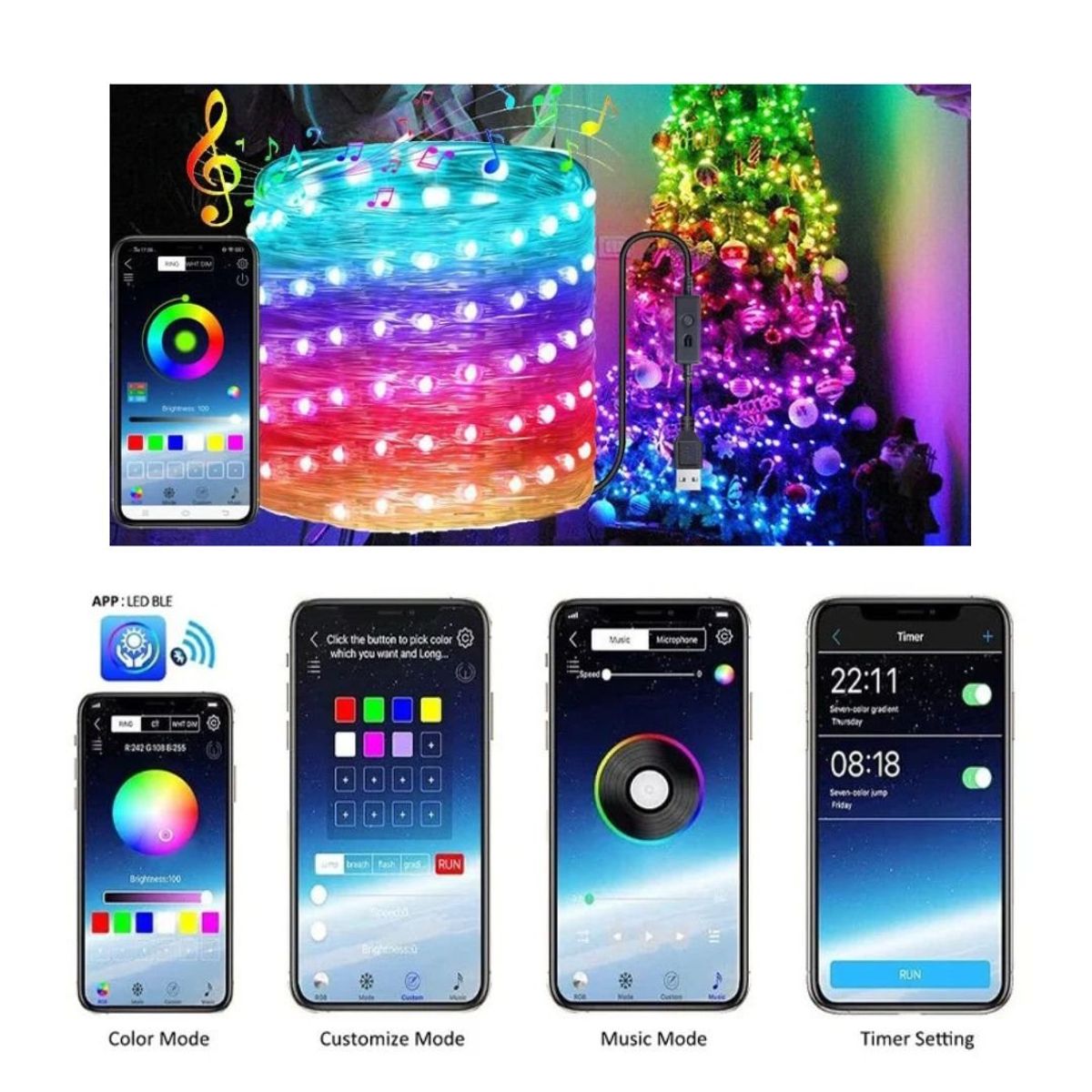 GENERICO - Smart Light 20 Metros 200 Leds App Control de Colores