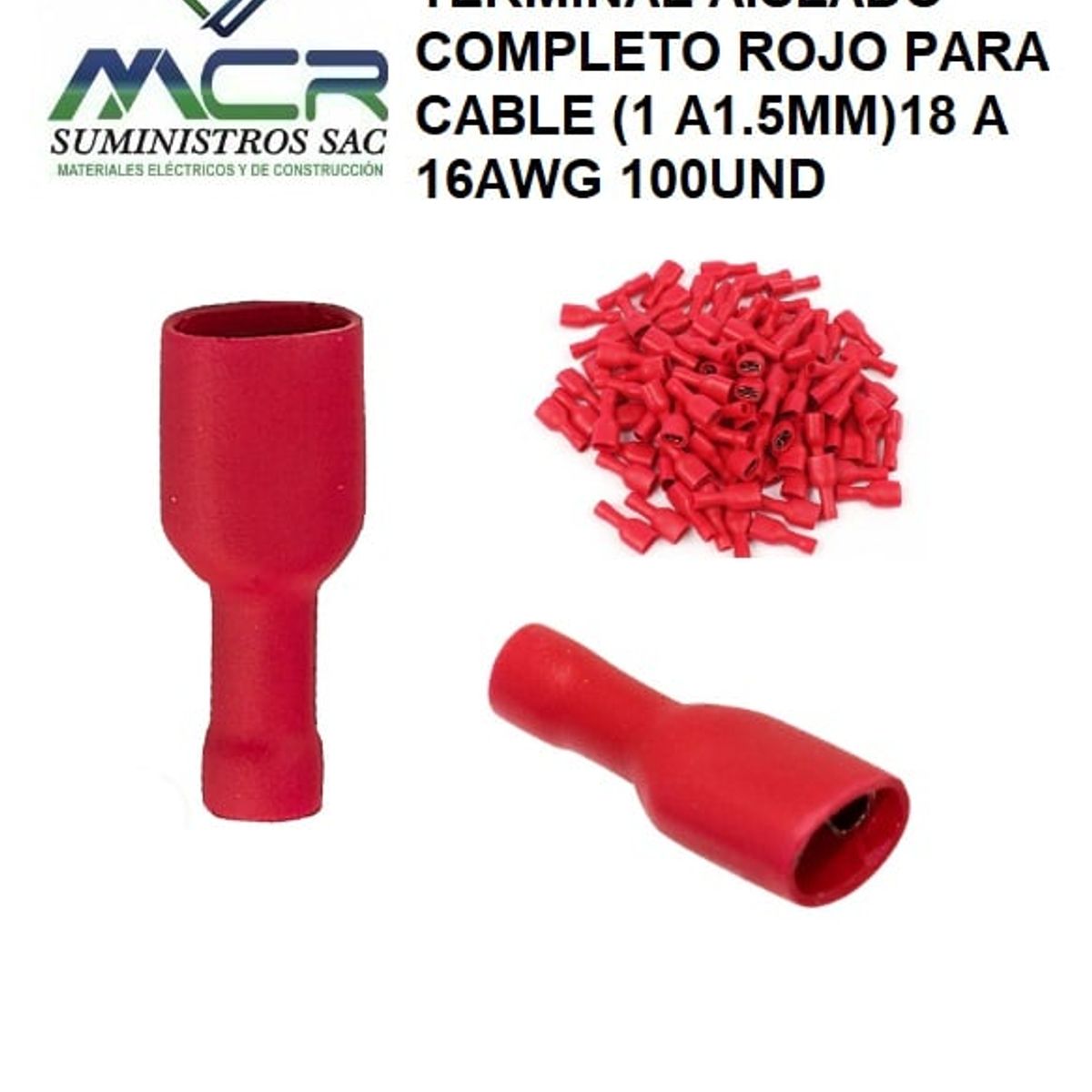 GENERICO - TERMINAL COMPLETO AISLADO ROJO PARA CABLE 1 A15MM18 A 16AWG 100UND