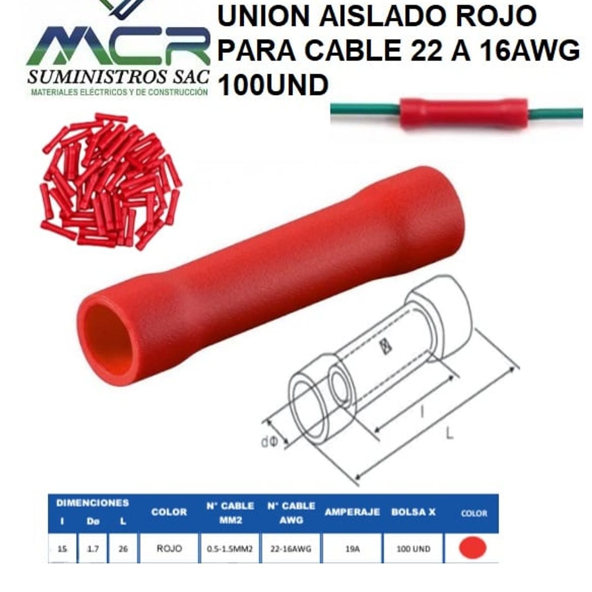 GENERICO - TERMINAL EMPALME O UNION AISLADO ROJO PARA CABLE 22 A 16AWG 100UND