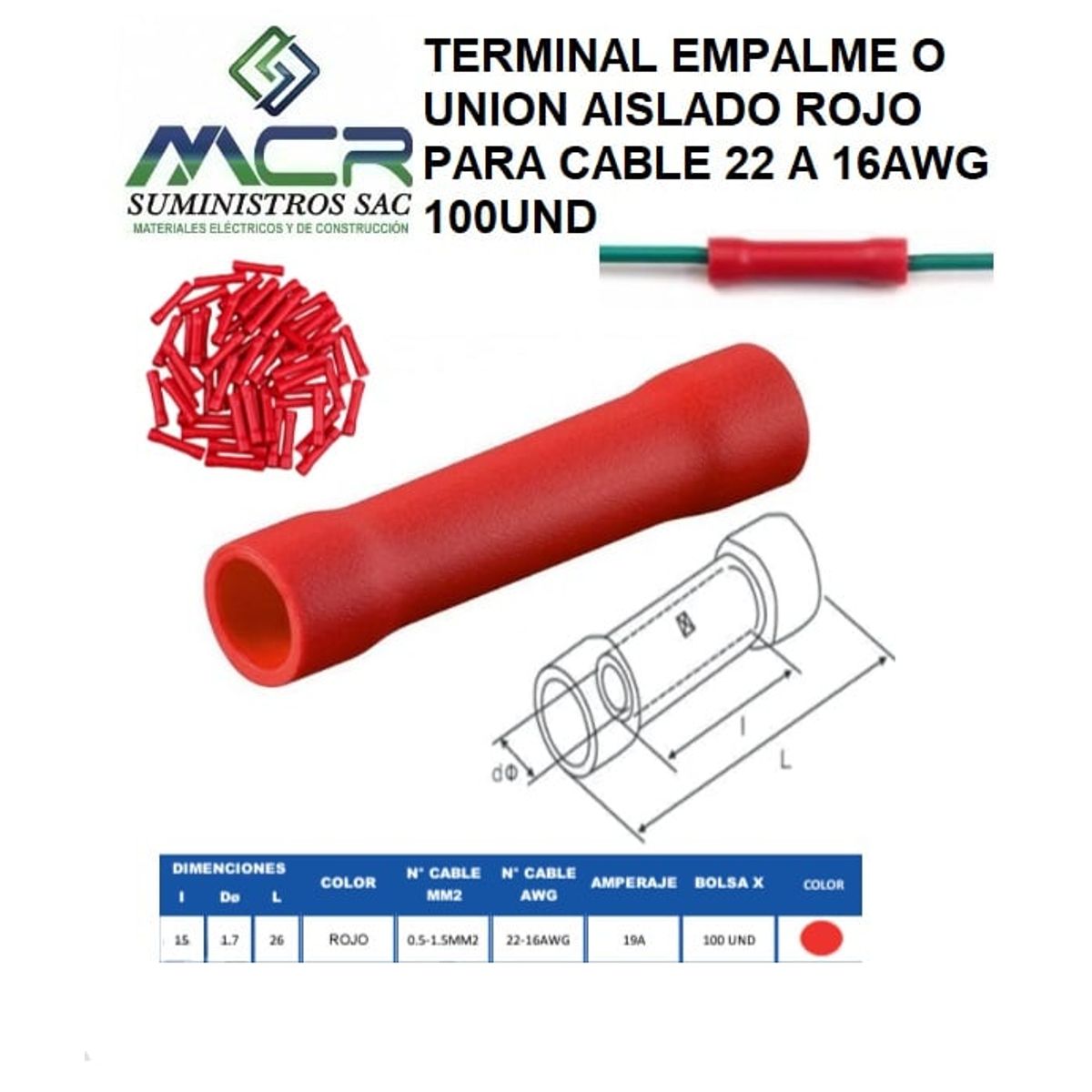 GENERICO - TERMINAL EMPALME O UNION AISLADO ROJO PARA CABLE 22 A 16AWG 100UND