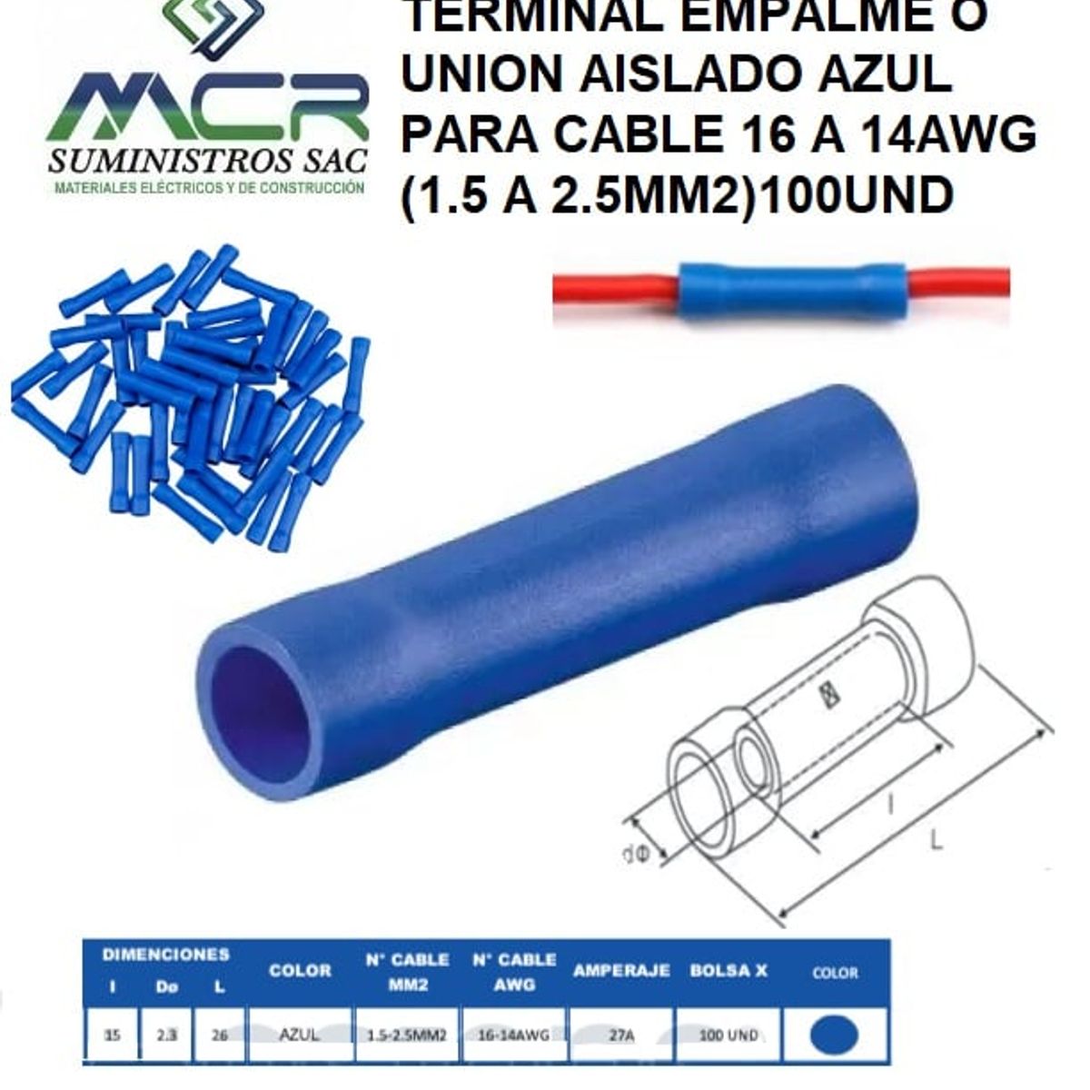 GENERICO - TERMINAL EMPALME O UNION AISLADO AZUL PARA CABLE 16 A 14AWG 100UND
