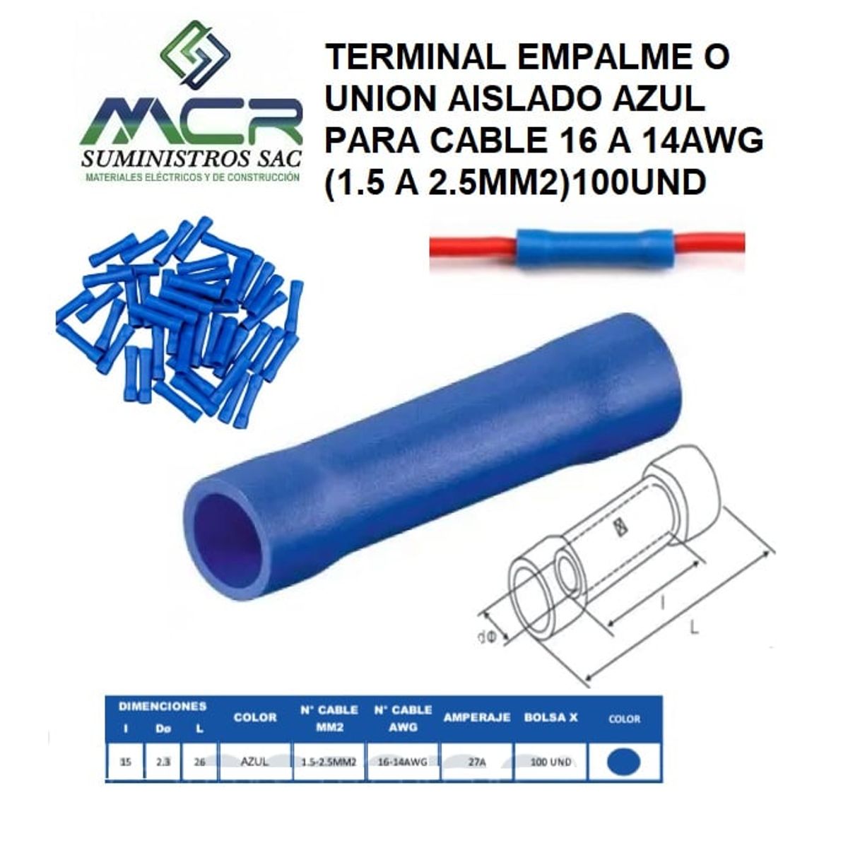 GENERICO - TERMINAL EMPALME O UNION AISLADO AZUL PARA CABLE 16 A 14AWG 100UND