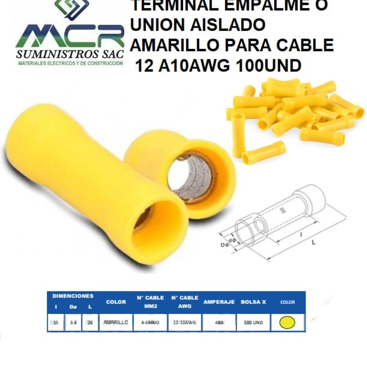 GENERICO - TERMINAL EMPALME O UNION AISLADO AMARILLO PARA CABLE 12 A10AWG 100UND