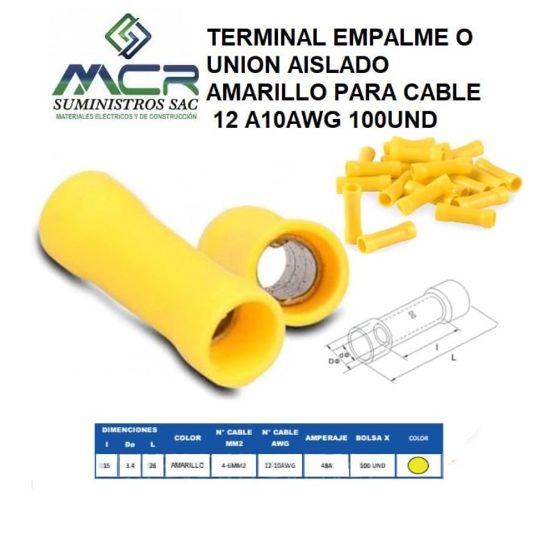 GENERICO - TERMINAL EMPALME O UNION AISLADO AMARILLO PARA CABLE 12 A10AWG 100UND