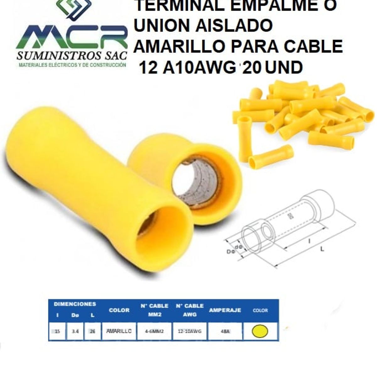 GENERICO - TERMINAL EMPALME O UNION AISLADO AMARILLO PARA CABLE 12 A10AWG 20UND