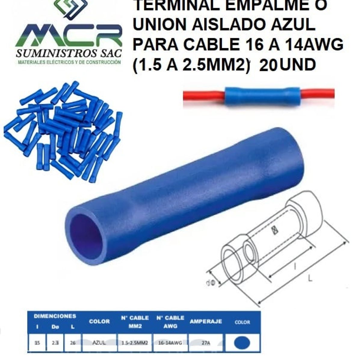 GENERICO - TERMINAL EMPALME O UNION AISLADO AZUL PARA CABLE 16 A 14AWG 100UND