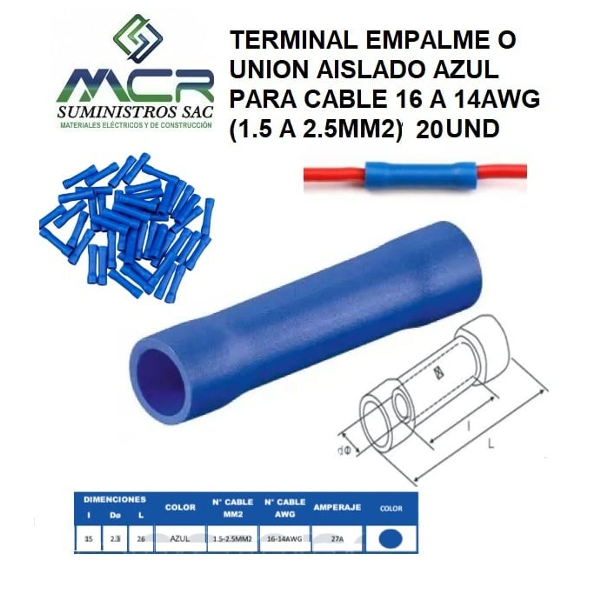 GENERICO - TERMINAL EMPALME O UNION AISLADO AZUL PARA CABLE 16 A 14AWG 100UND