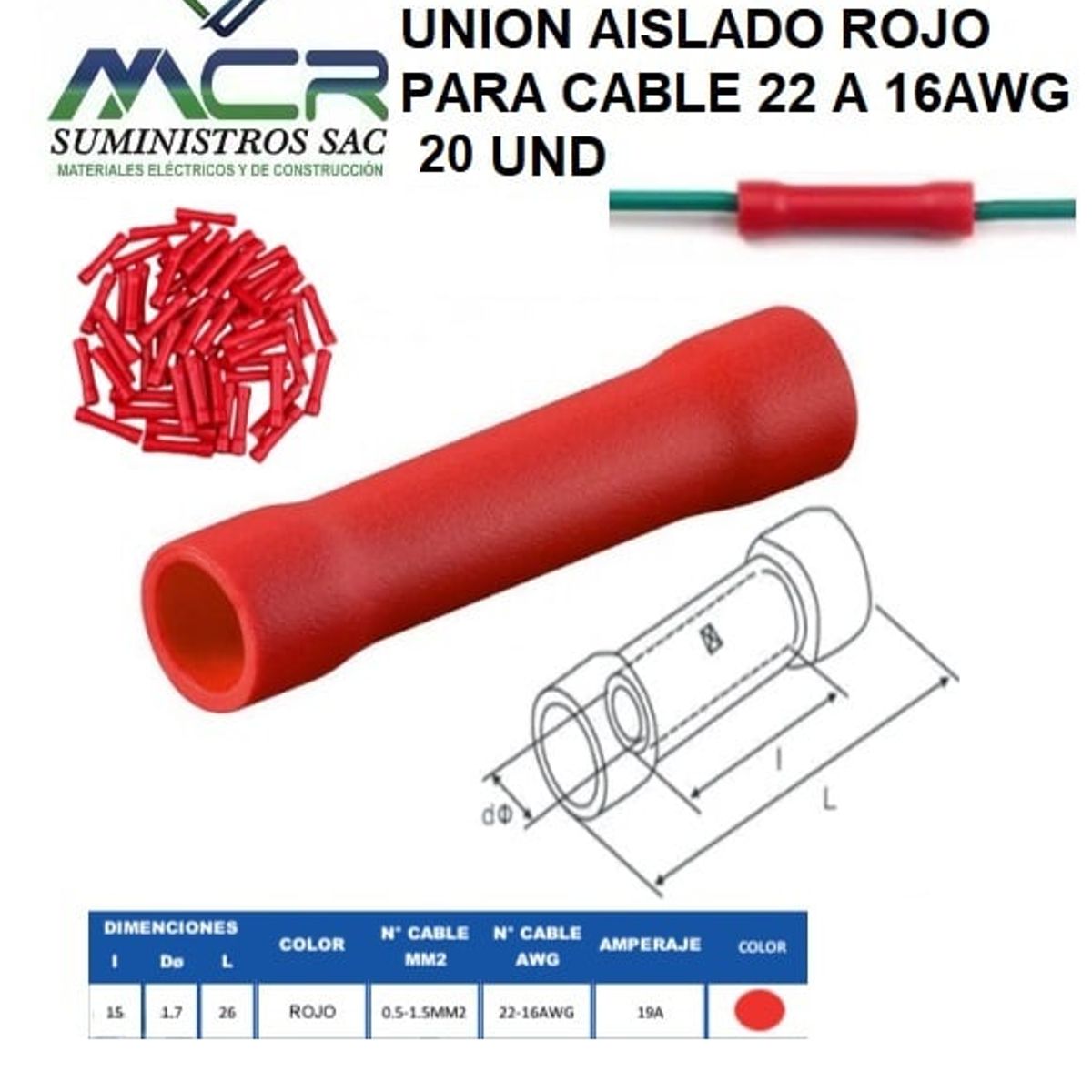 GENERICO - TERMINAL EMPALME O UNION AISLADO ROJO PARA CABLE 22 A 16AWG 20UND