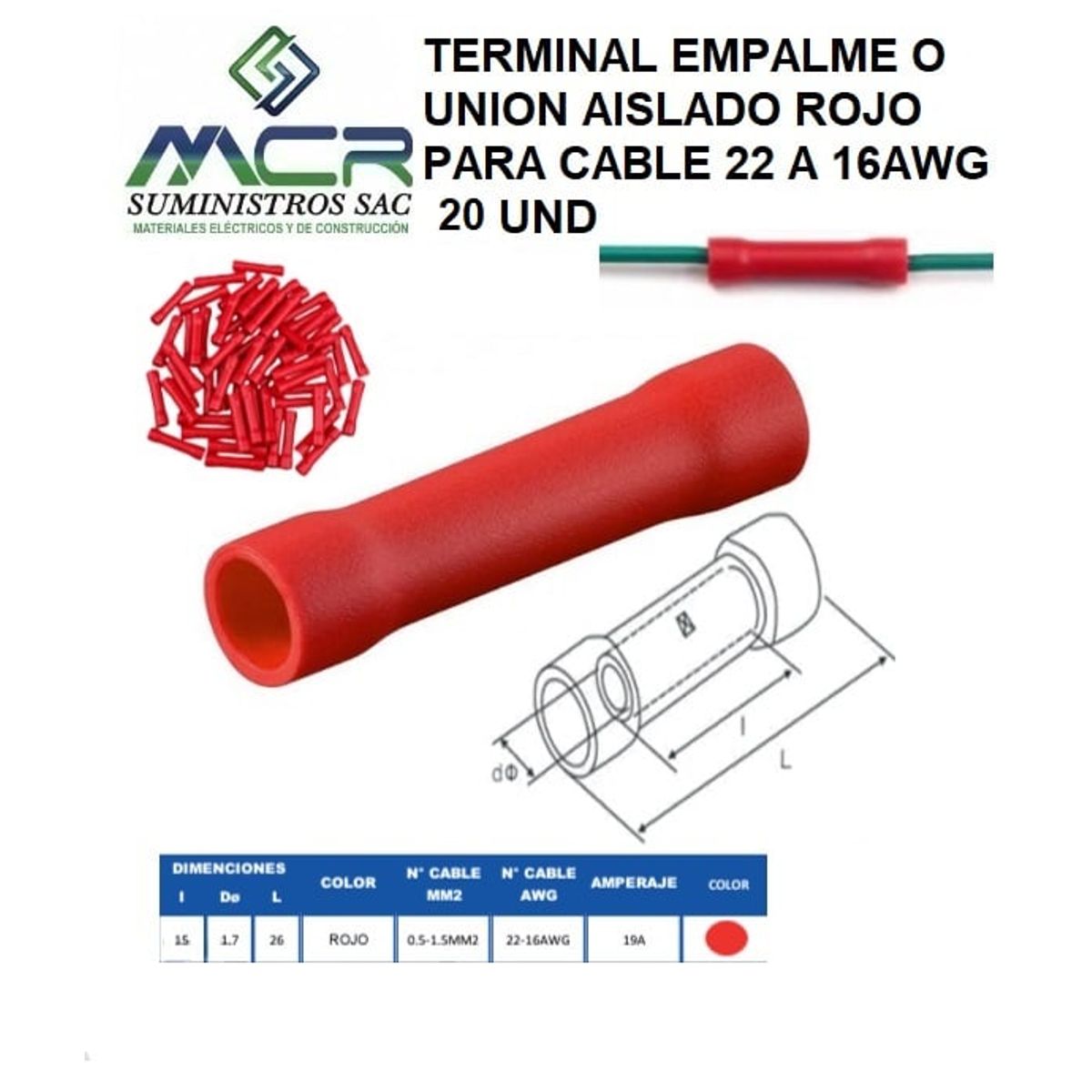 GENERICO - TERMINAL EMPALME O UNION AISLADO ROJO PARA CABLE 22 A 16AWG 20UND