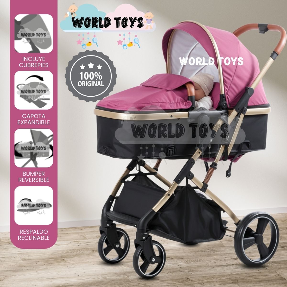 BABY - Coche Cuna Moisés de Lujo «SATURNO CLASSIC» Pink