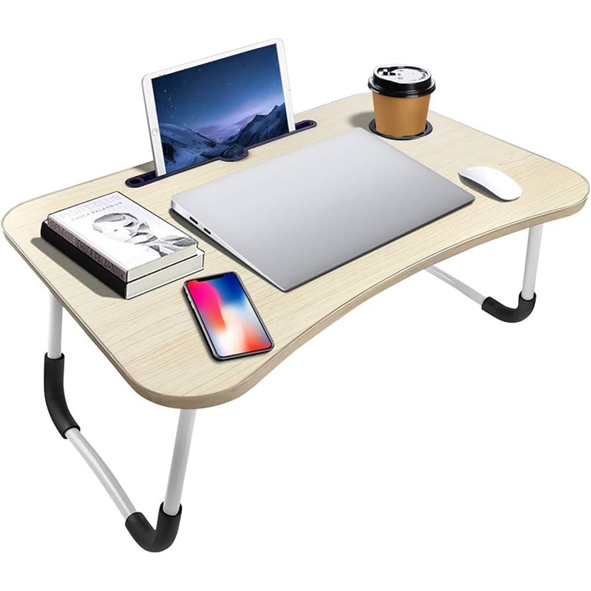 GENERICO - Mesa plegable portátil para Laptop con Ranura y Posavasos Beige