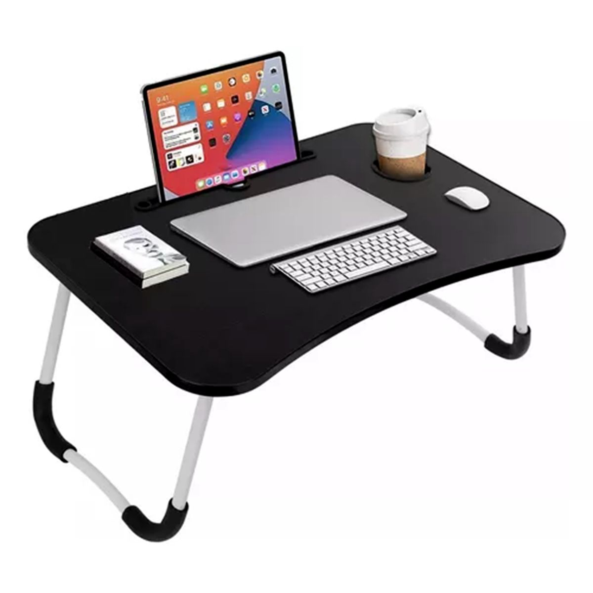 GENERICO - Mesa plegable portátil para Laptop con Ranura y Posavasos Negro