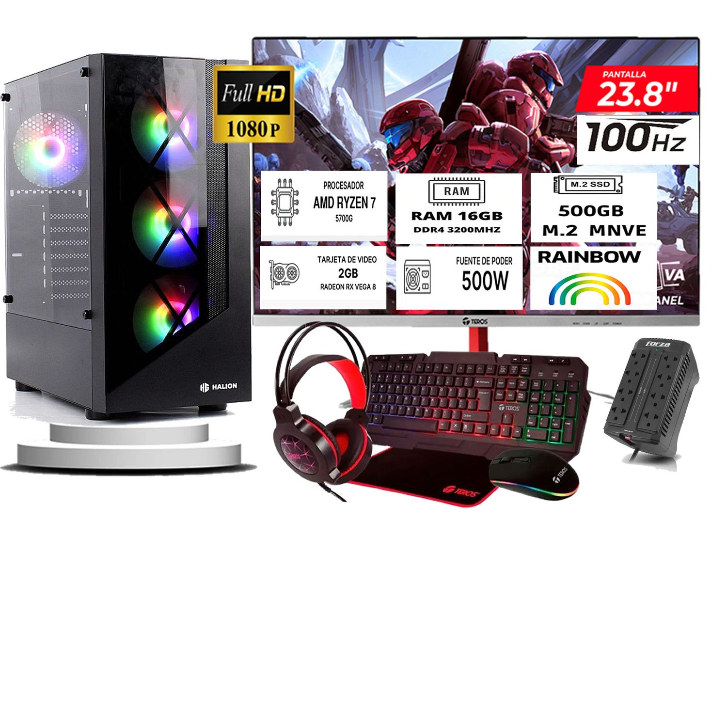 Computadora ryzen 7 5700g ram 16gb ssd 500  monitoR Curvo 24 full hd