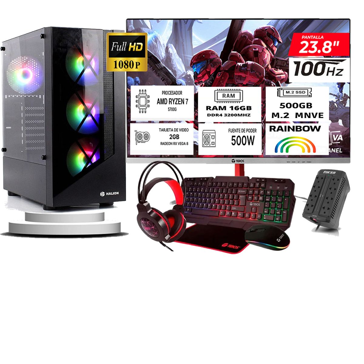 HALION - Computadora ryzen 7 5700g ram 16gb ssd 500  monitoR Curvo 24 full hd