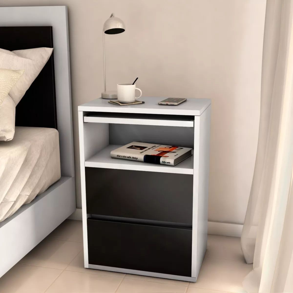 TU MESITA - Velador Mesa de Noche Atacama con Desayunador BlancoNegro TU MESITA