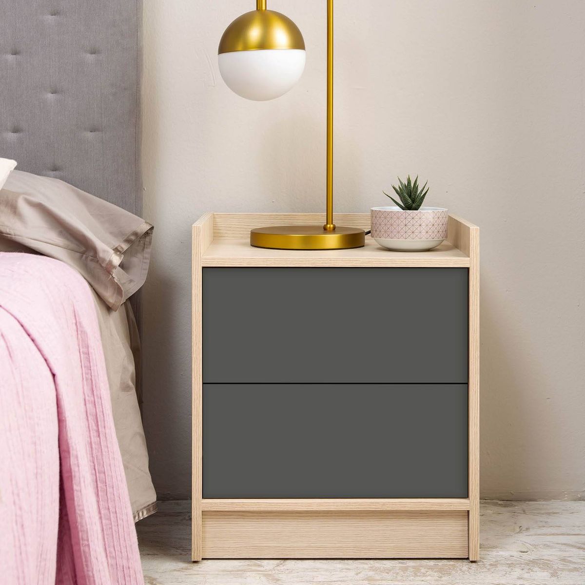 TU MESITA - Velador Mesa de Noche Paola 2 cajones Gris