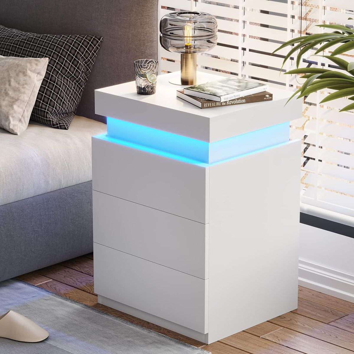 TU MESITA - Velador Mesa de Noche Tamaris Blanco con luces LED TU MESITA 3 cajones