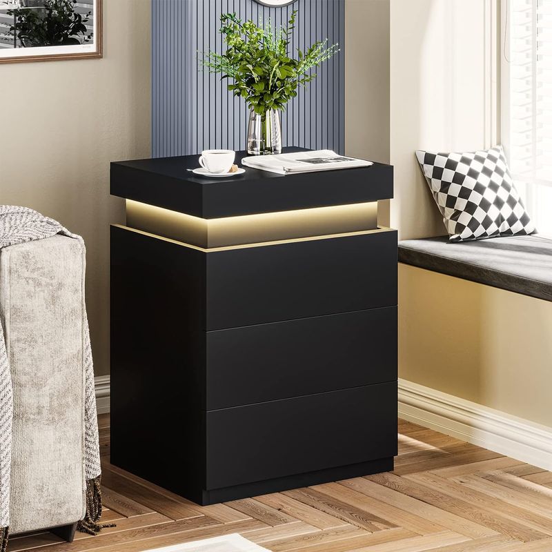 TU MESITA - Velador Mesa de Noche Tamaris Negro con luces LED TU MESITA 3 cajones