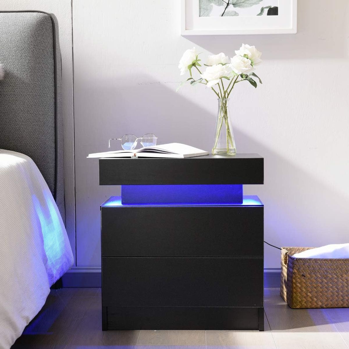 TU MESITA - Velador Mesa de Noche Sigma con luces Led color Negro TU MESITA