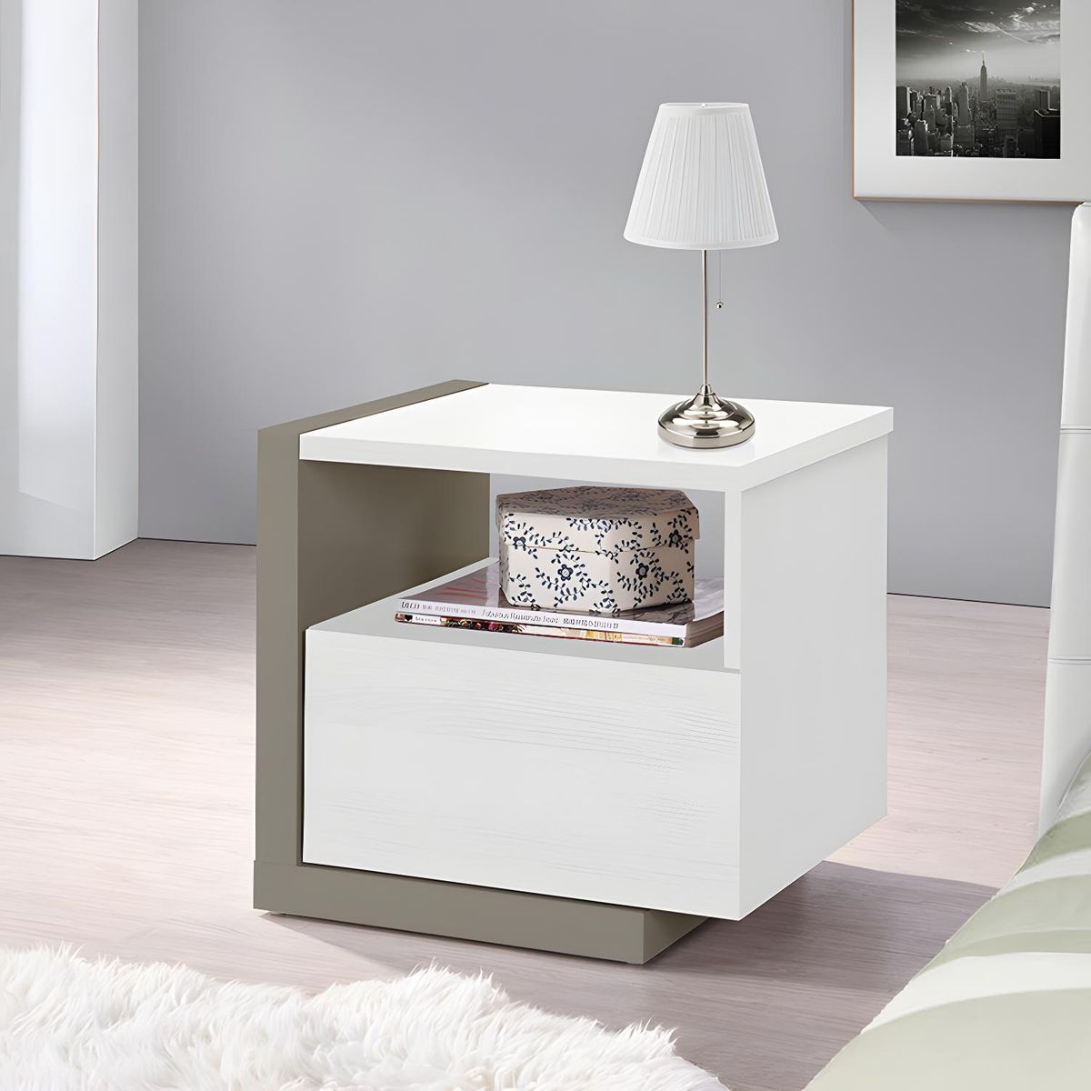 TU MESITA - Velador Mesa de Noche Isis color BlancoGris 1 cajón TU MESITA