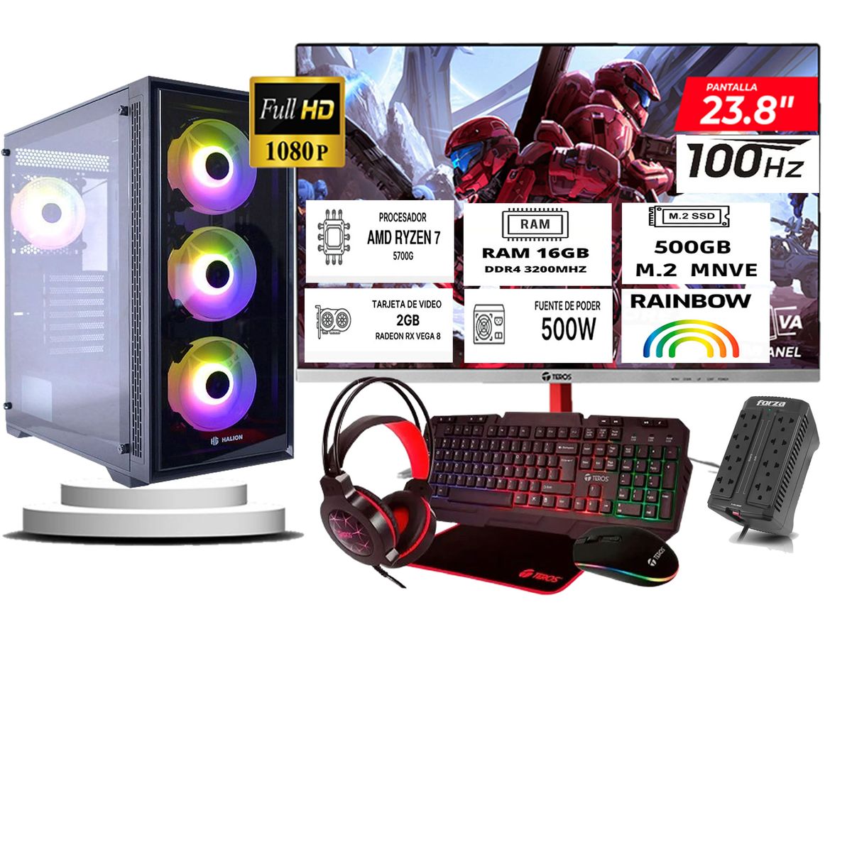 HALION - Computadora ryzen 7 5700g ram 16gb ssd 500  monitoR Curvo 24 full hd