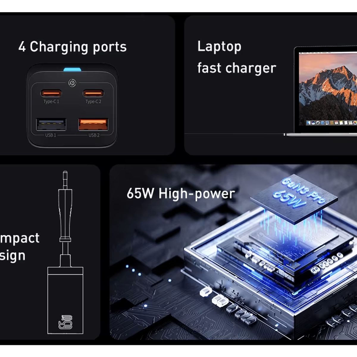 BASEUS - Cargador GaN3 65W 4 puertos, para Celular, Laptop, Mac - Baseus