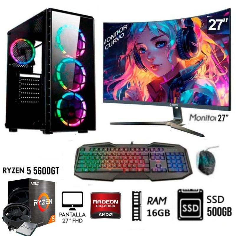 AMD - Computadora PC GAMER RYZEN 5 5600GT RAM 16GB DISCO SSD 500GB MONITOR 27 FHD
