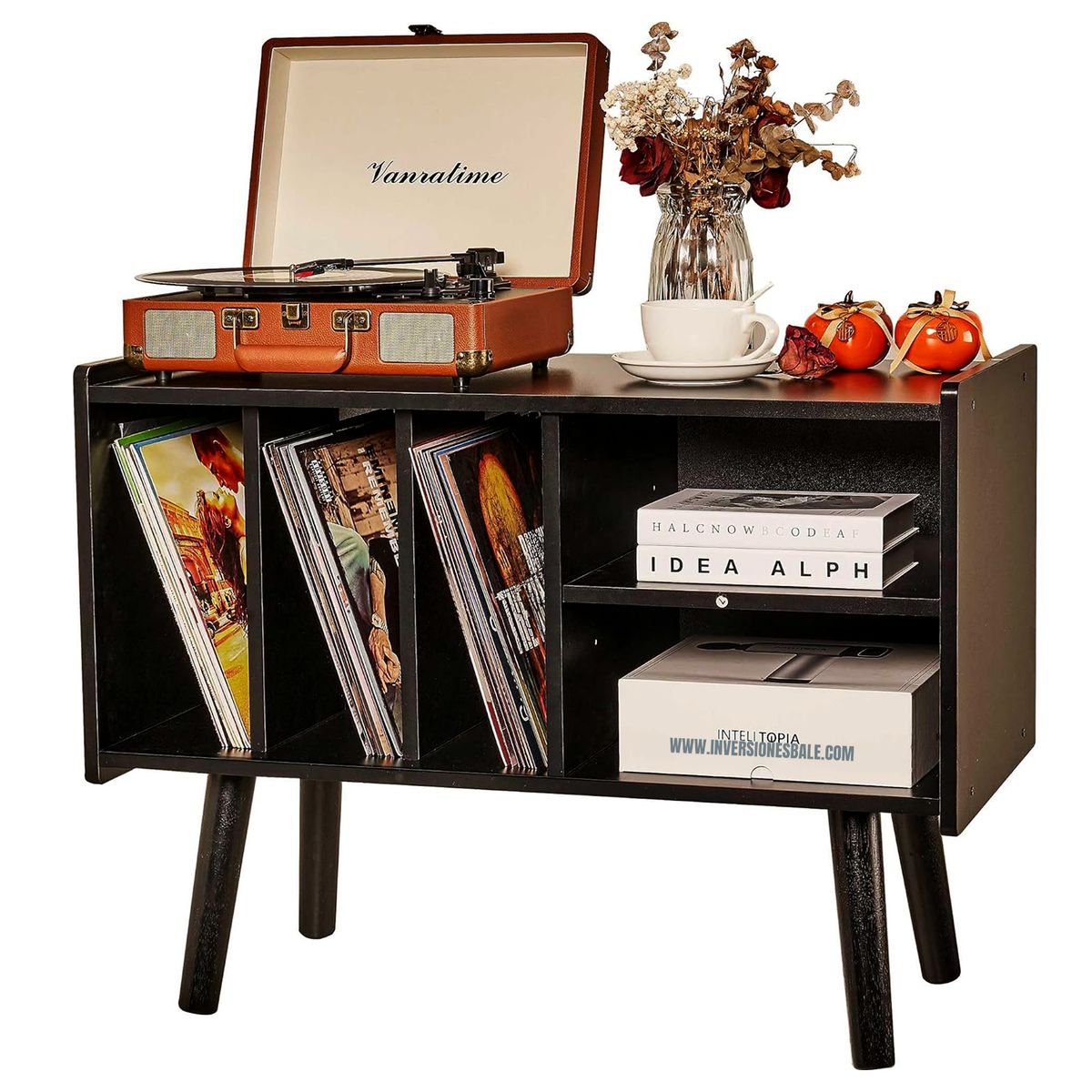 DIBA MUEBLES - Soporte para Tocadiscos con Almacenamiento de Vinilo Freya Negro - DIBA Muebles