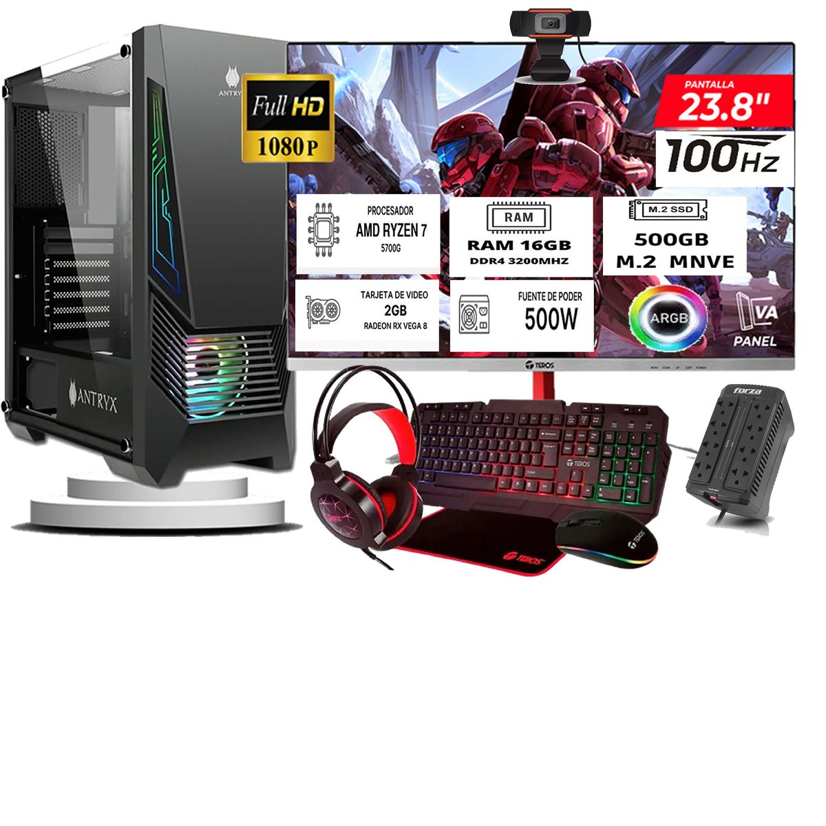 ANTRYX - Computadora ryzen 7 5700g ram 16gb ssd 500  monitoR Curvo 24 full hd web cam