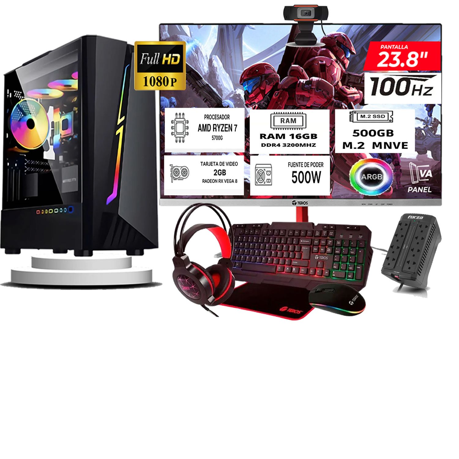 Computadora ryzen 7 5700g ram 16gb ssd 500  monitoR Curvo 24 full hd web cam