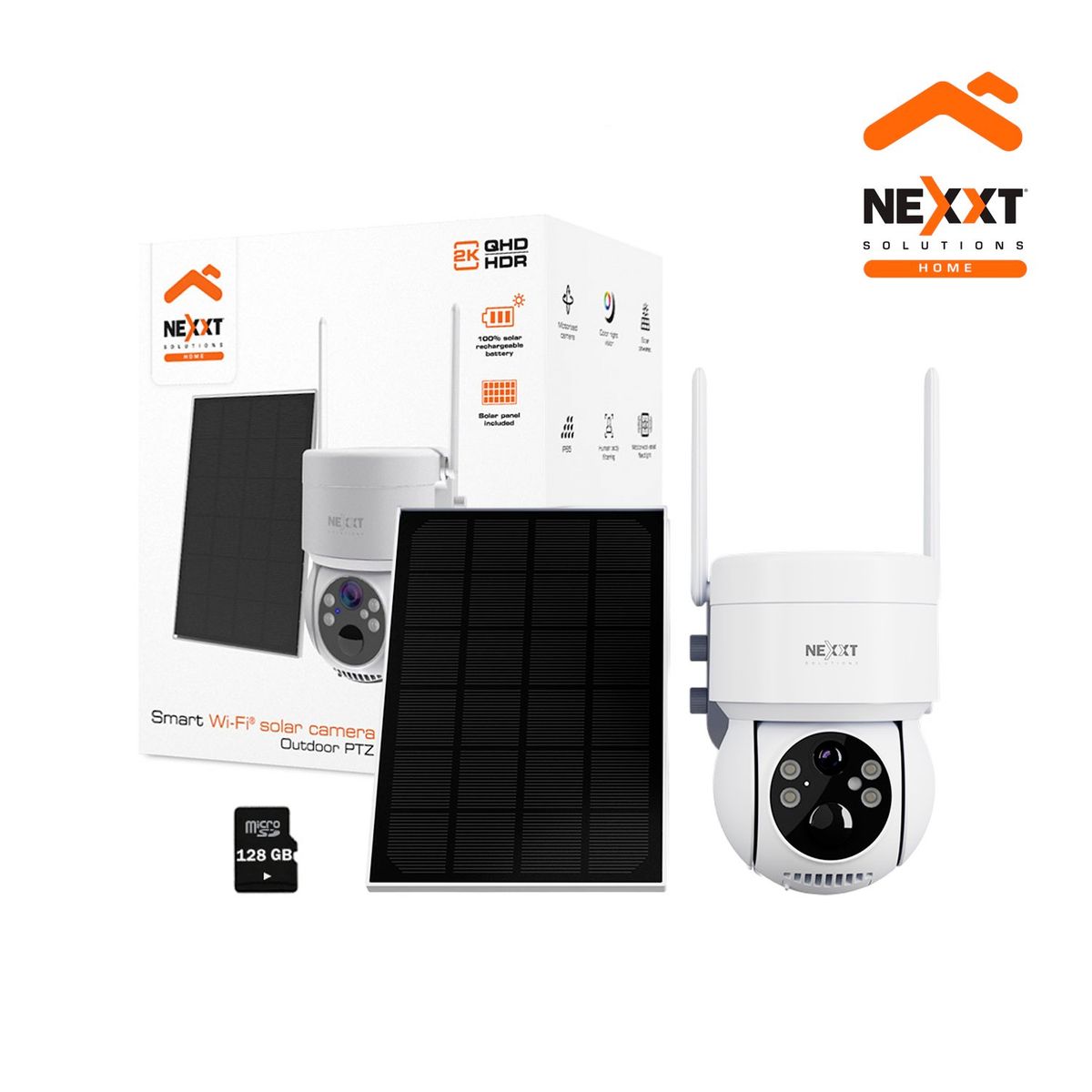 NEXXT SOLUTIONS - Cámara Wifi PTZ Nexxt NHC-OP20S 3MP 2K PanelSolar Sirena Reflector IP65 +SD128GB