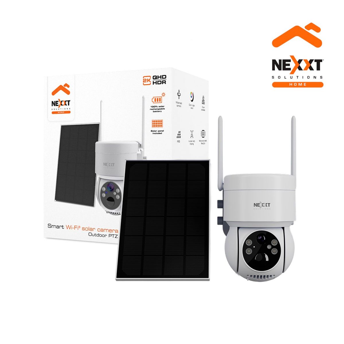 NEXXT SOLUTIONS - Cámara Wifi PTZ Nexxt NHC-OP20S 3MP 2K Panel Solar Sirena Reflector IP65