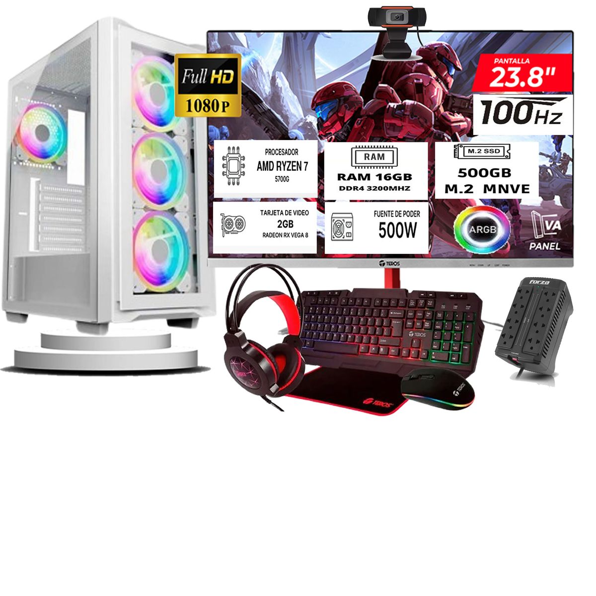 ANTRYX - Computadora ryzen 7 5700g ram 16gb ssd 500  monitoR Curvo 24 full hd web cam