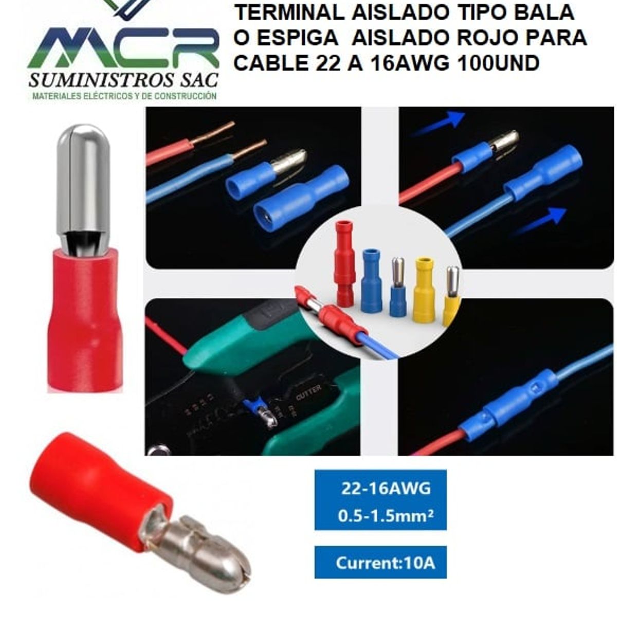 GENERICO - TERMINAL AISLADO TIPO BALA  O ESPIGA  AISLADO ROJO PARA CABLE 22 A 16AWG 100UND