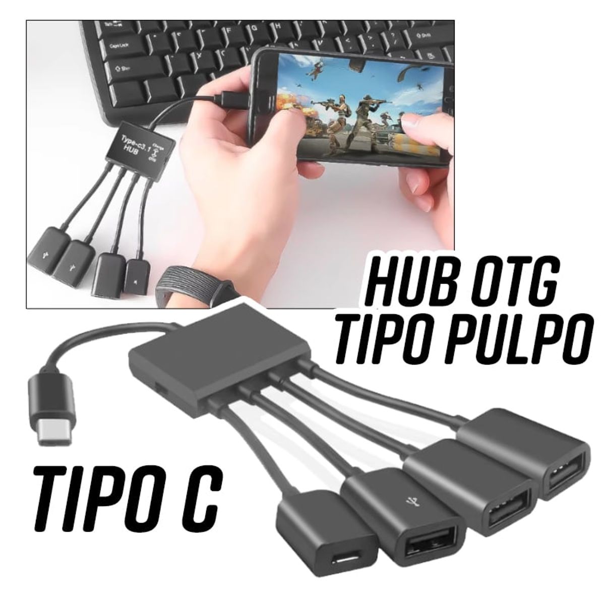 GENERICO - Adaptador OTG Pulpo Tipo C p celular Hub 3 puertos USB tipo-c 4 en 1